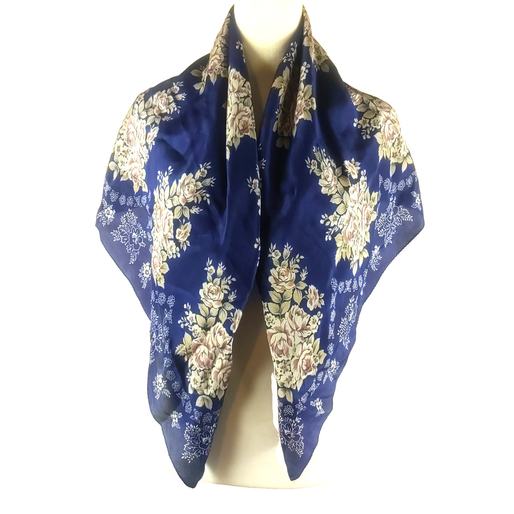Axcess Women's Square Scarf Silk Navy Blue Gold Green Floral 33 X 33
